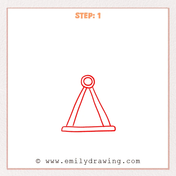 how to draw a ferris wheel - Step 1 of an easy ferris wheel drawing shows a circular hub at the top with two slanted support beams and a rounded base platform.